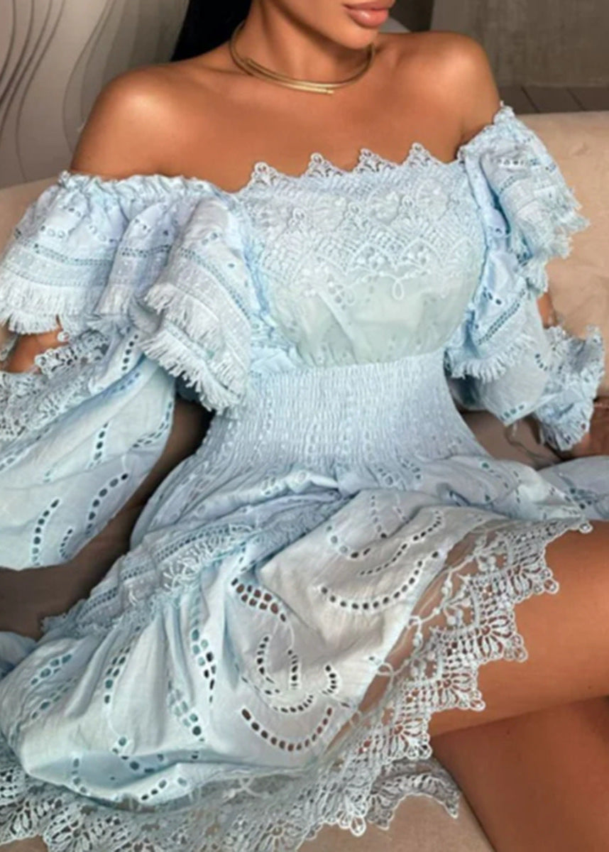 Seraphina Broderie Puff-Sleeve Dress – Blue Smocked A-Line Mini