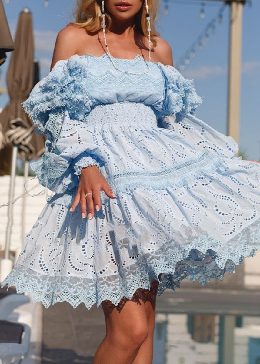 Seraphina Broderie Puff-Sleeve Dress – Blue Smocked A-Line Mini