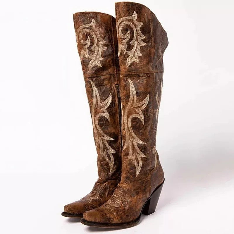 Botas altas bordadas de tacón medio para mujer estilo étnico