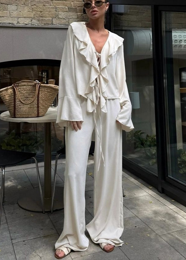 Serena Ruffle Lounge Set – Flowy Two-Piece with Wide-Leg Pants
