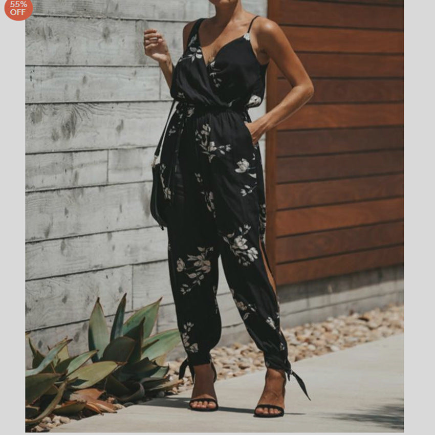 Mono de una pieza de algodón con abertura y tirantes finos, estampado, sin espalda y sexy, de verano para mujer