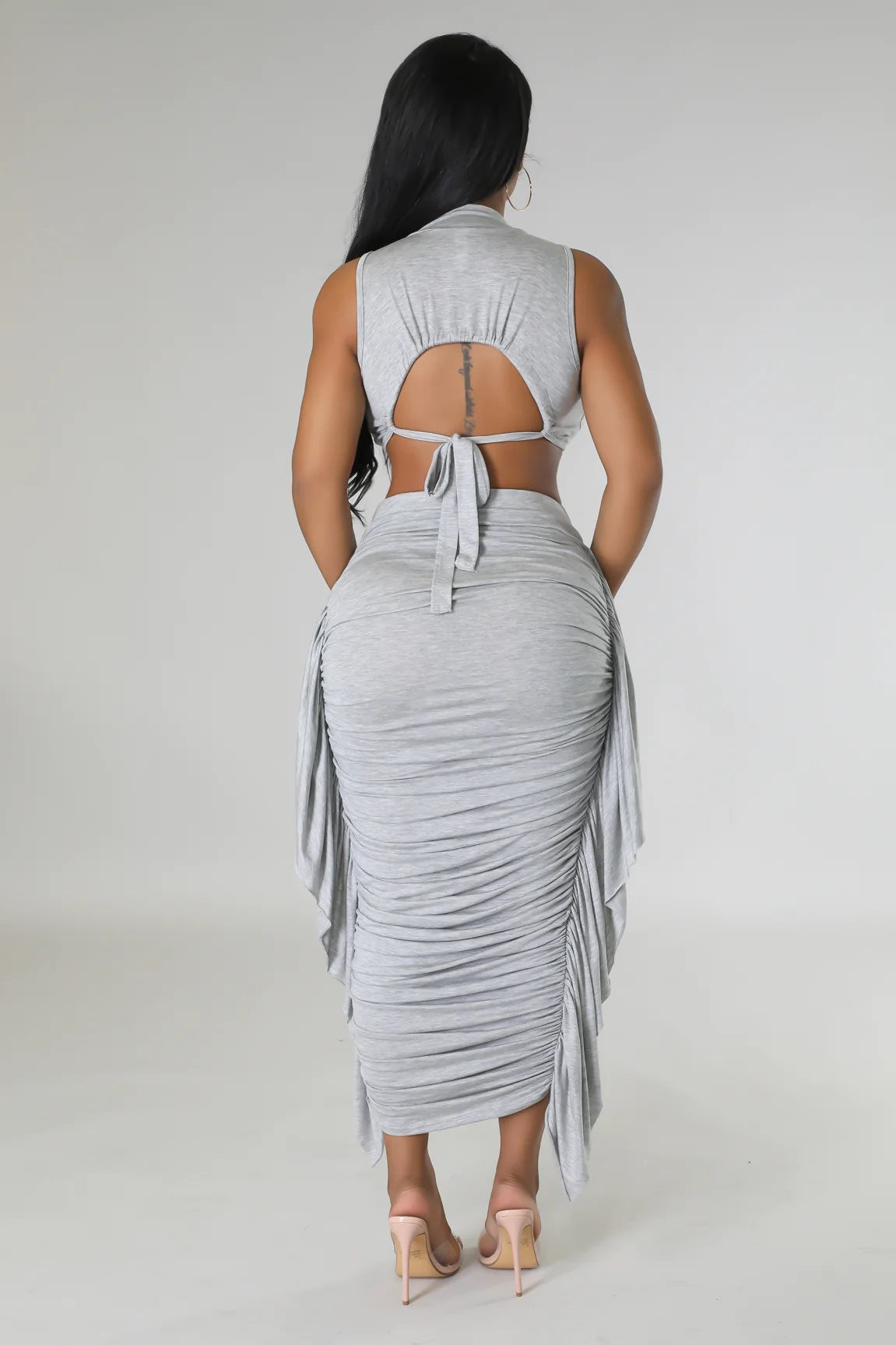 Conjunto de top corto ajustado con volantes, cintura alta y color liso para mujer
