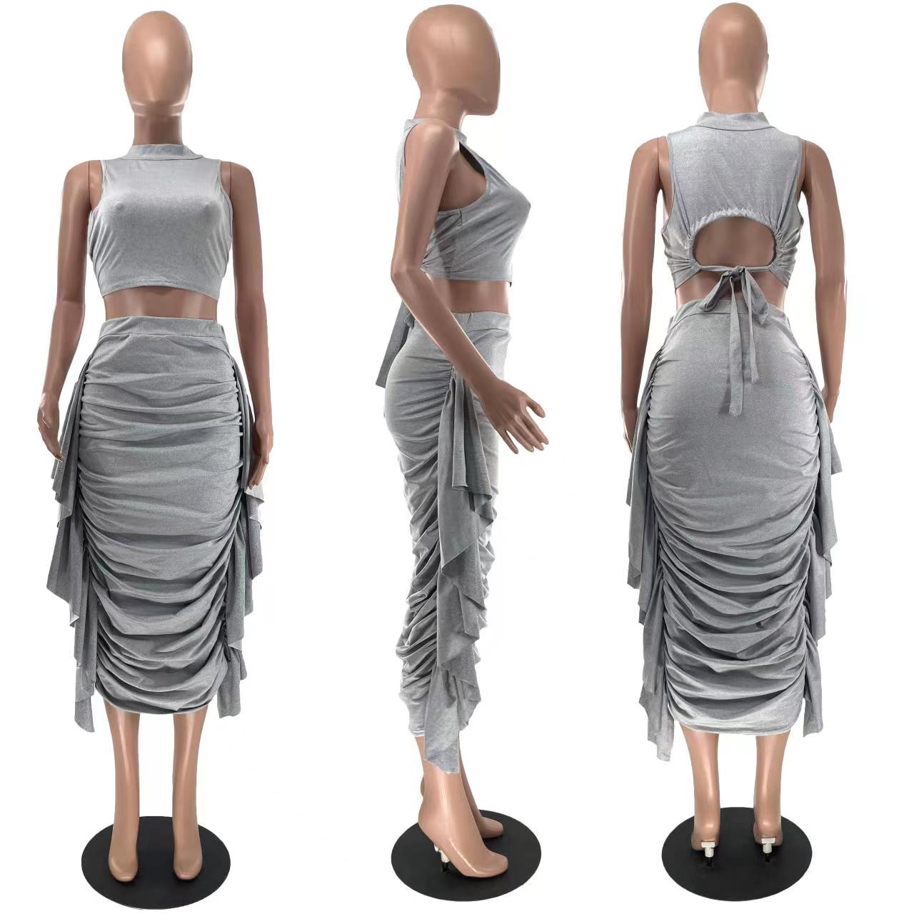 Conjunto de top corto ajustado con volantes, cintura alta y color liso para mujer