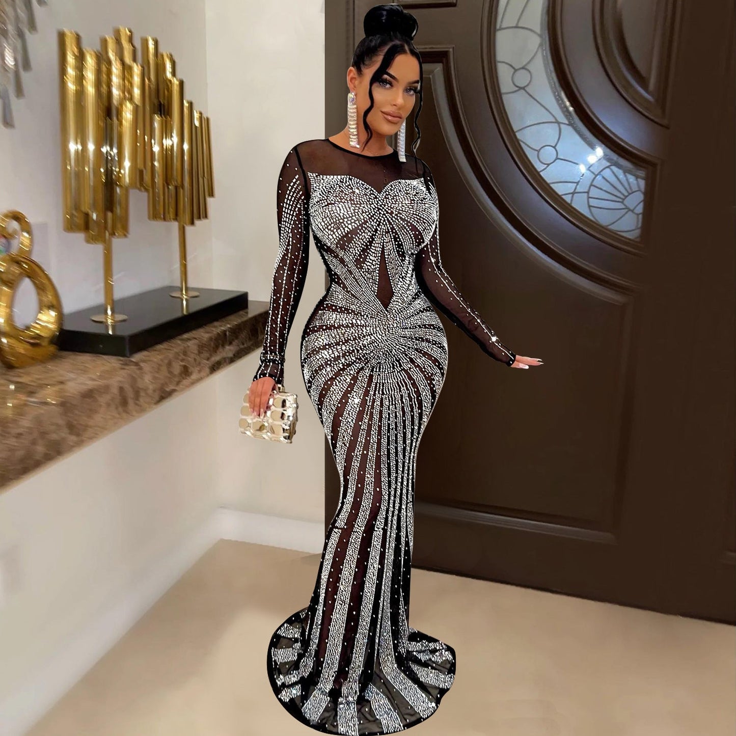 Vestido de manga larga con diamantes de imitación transparente de malla de color liso para mujer