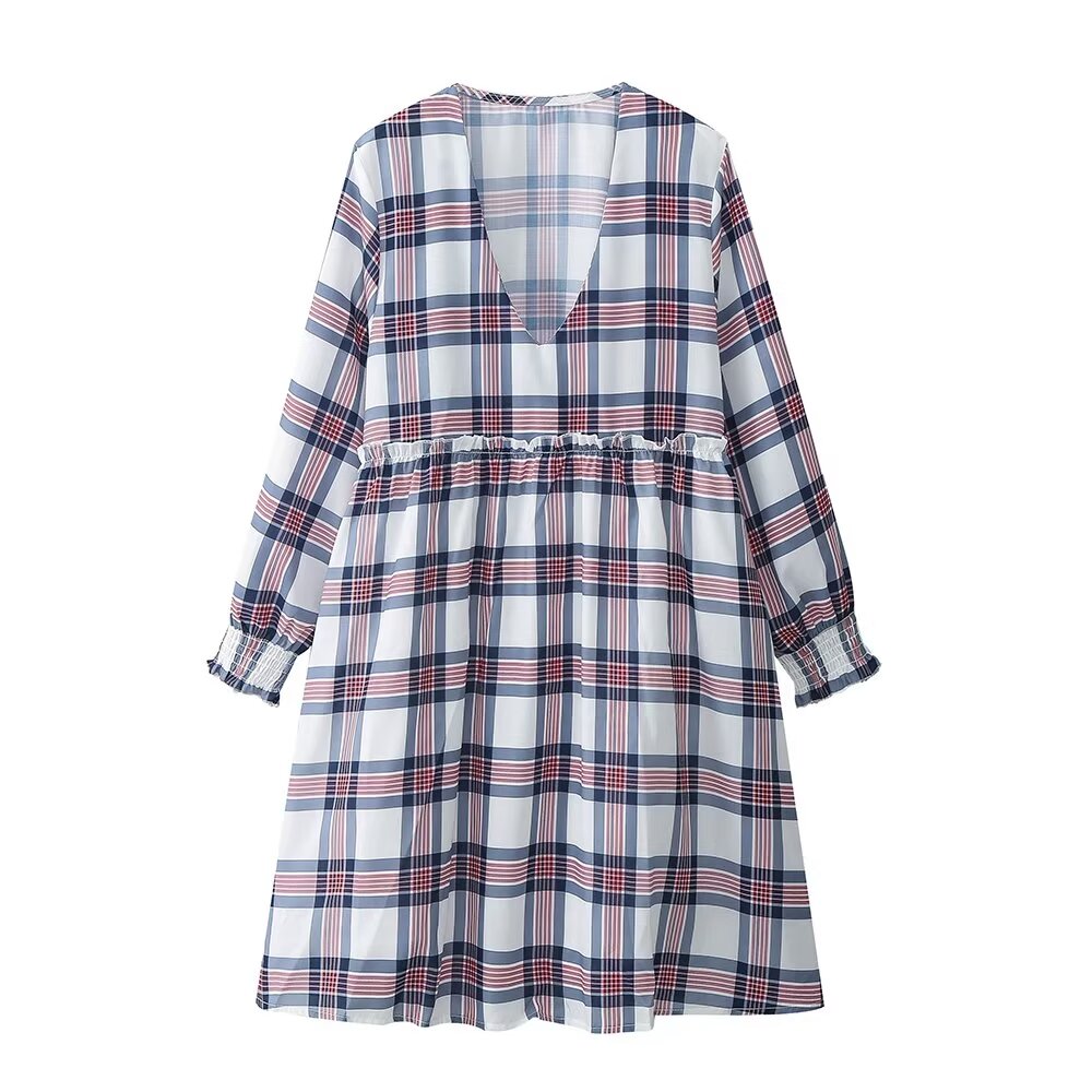 Vestido mini de manga larga estilo francés informal retro a cuadros para mujer