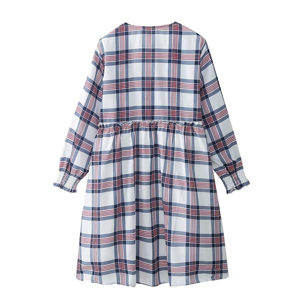 Vestido mini de manga larga estilo francés informal retro a cuadros para mujer