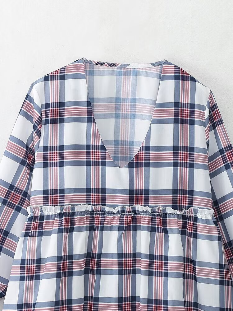 Vestido mini de manga larga estilo francés informal retro a cuadros para mujer