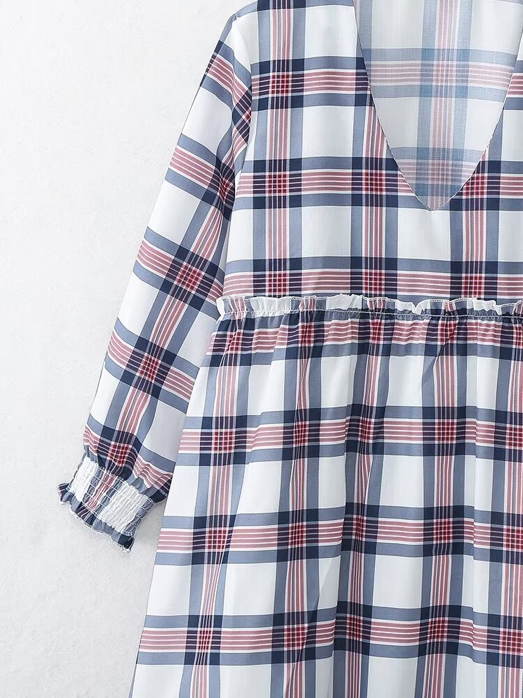 Vestido mini de manga larga estilo francés informal retro a cuadros para mujer