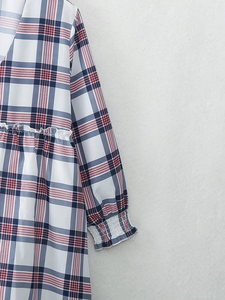 Vestido mini de manga larga estilo francés informal retro a cuadros para mujer