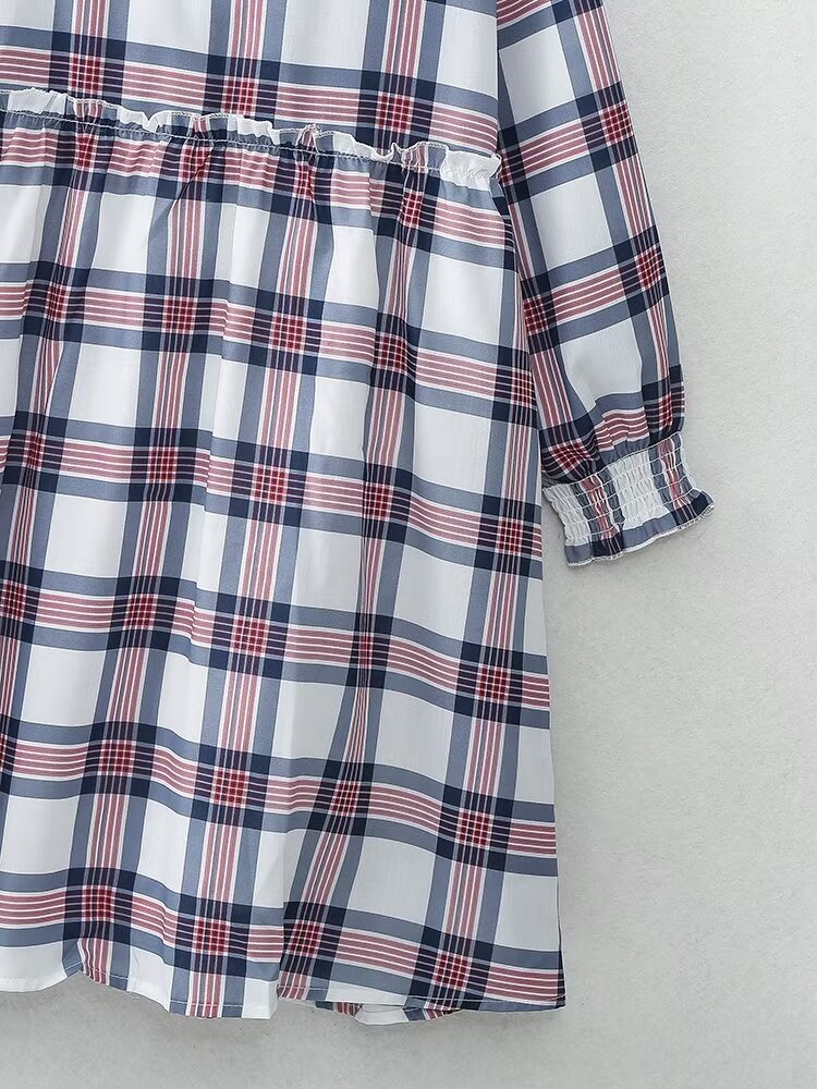 Vestido mini de manga larga estilo francés informal retro a cuadros para mujer