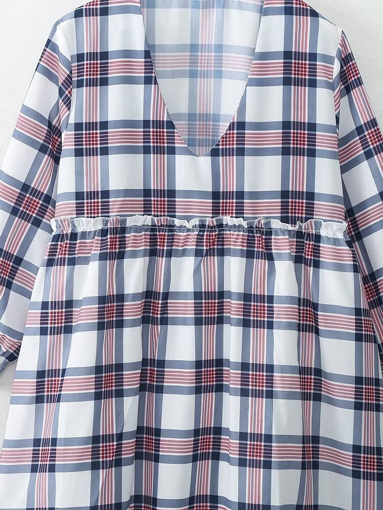 Vestido mini de manga larga estilo francés informal retro a cuadros para mujer
