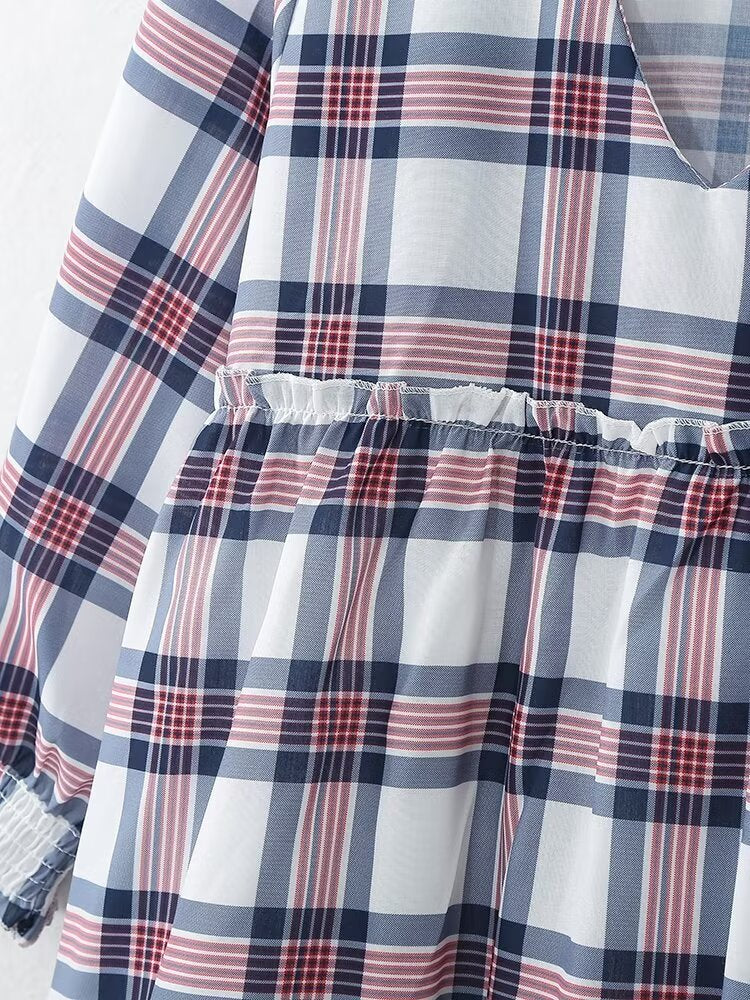 Vestido mini de manga larga estilo francés informal retro a cuadros para mujer