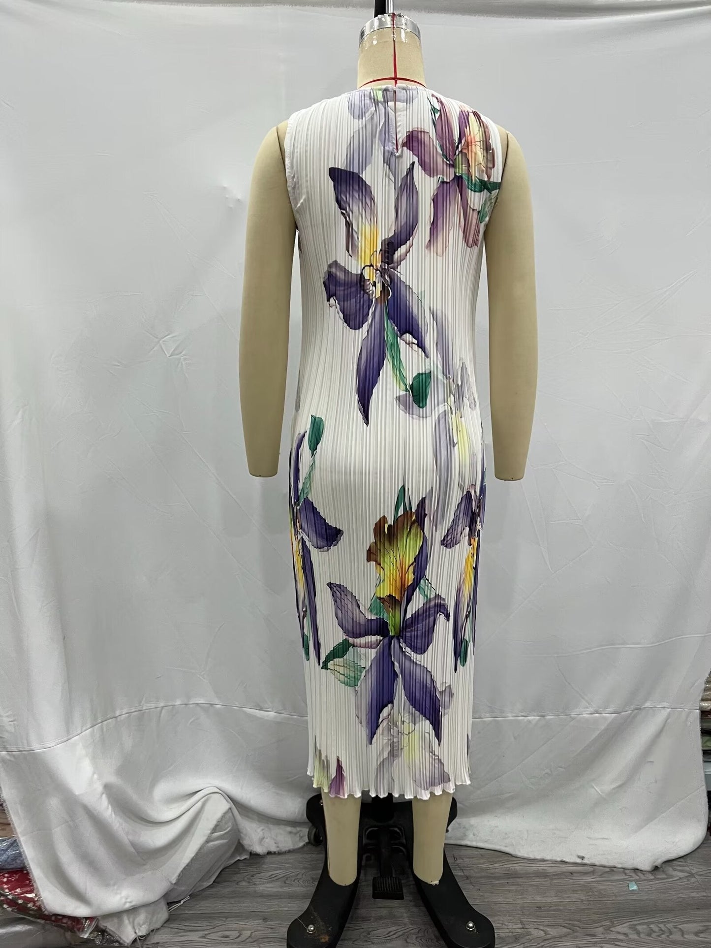 Winter Women Clothing Casual Pleated Printed Sleeveless Dress