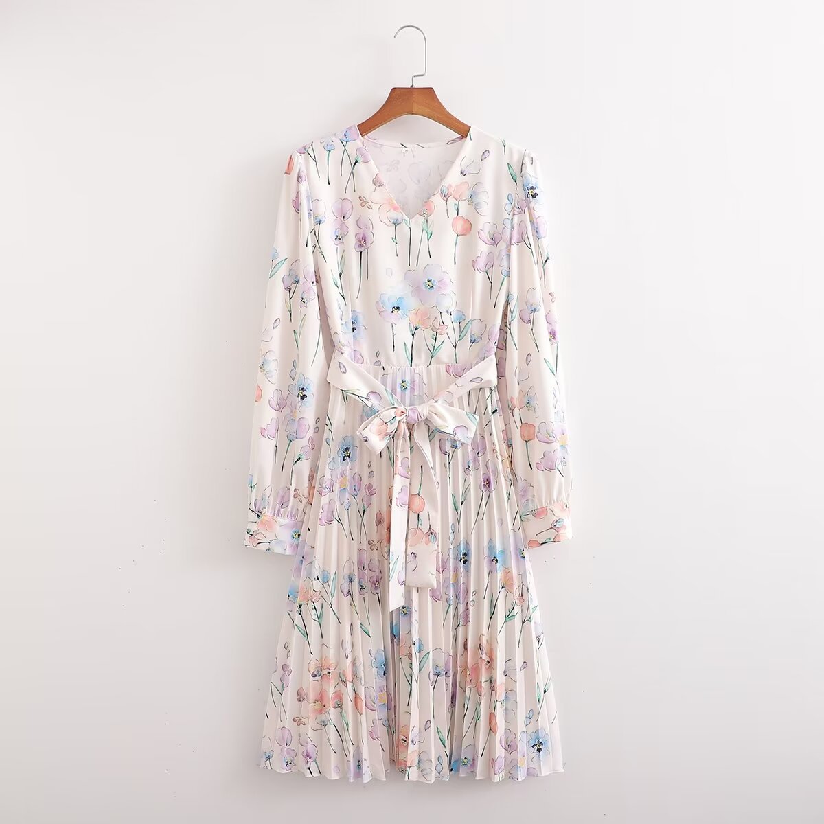 Vestido de manga larga con estampado arrugado para mujer de primavera
