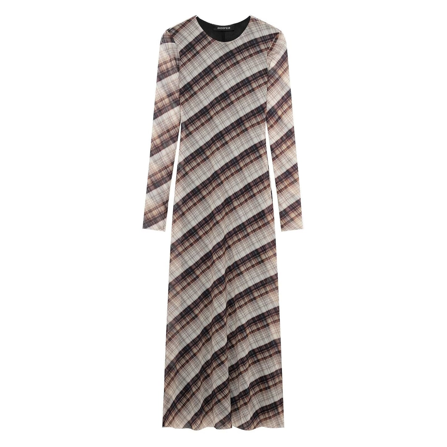Vestido de mujer de cuello redondo, suelto, informal, a cuadros, de red de seda y manga larga