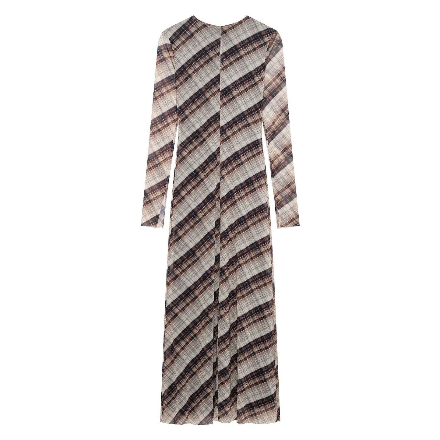 Vestido de mujer de cuello redondo, suelto, informal, a cuadros, de red de seda y manga larga