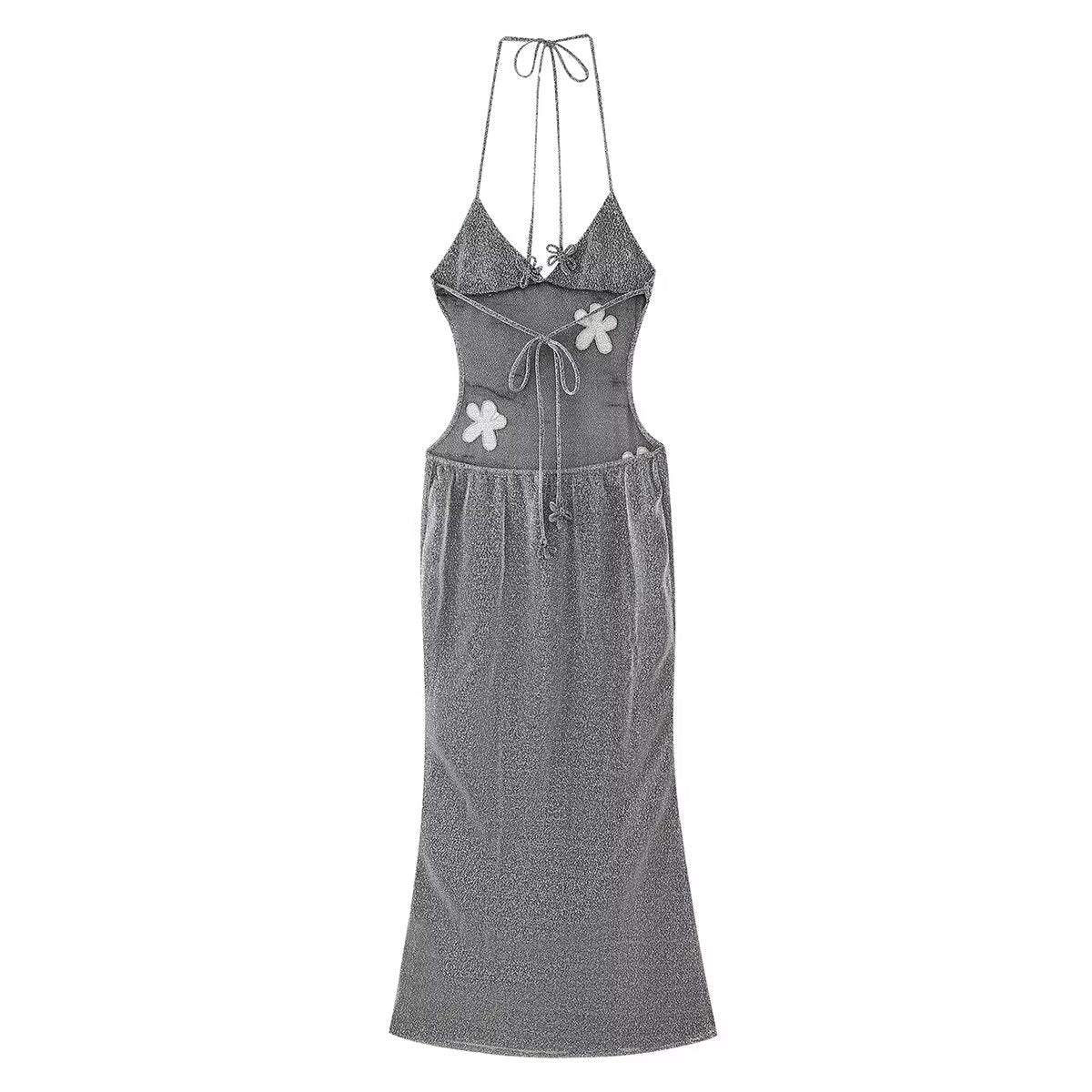 Vestido de noche microtransparente, elegante, moderno, con escote en V profundo y tirantes finos, sin espalda y ajustado para mujer