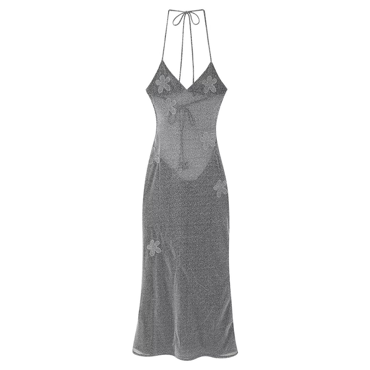 Vestido de noche microtransparente, elegante, moderno, con escote en V profundo y tirantes finos, sin espalda y ajustado para mujer