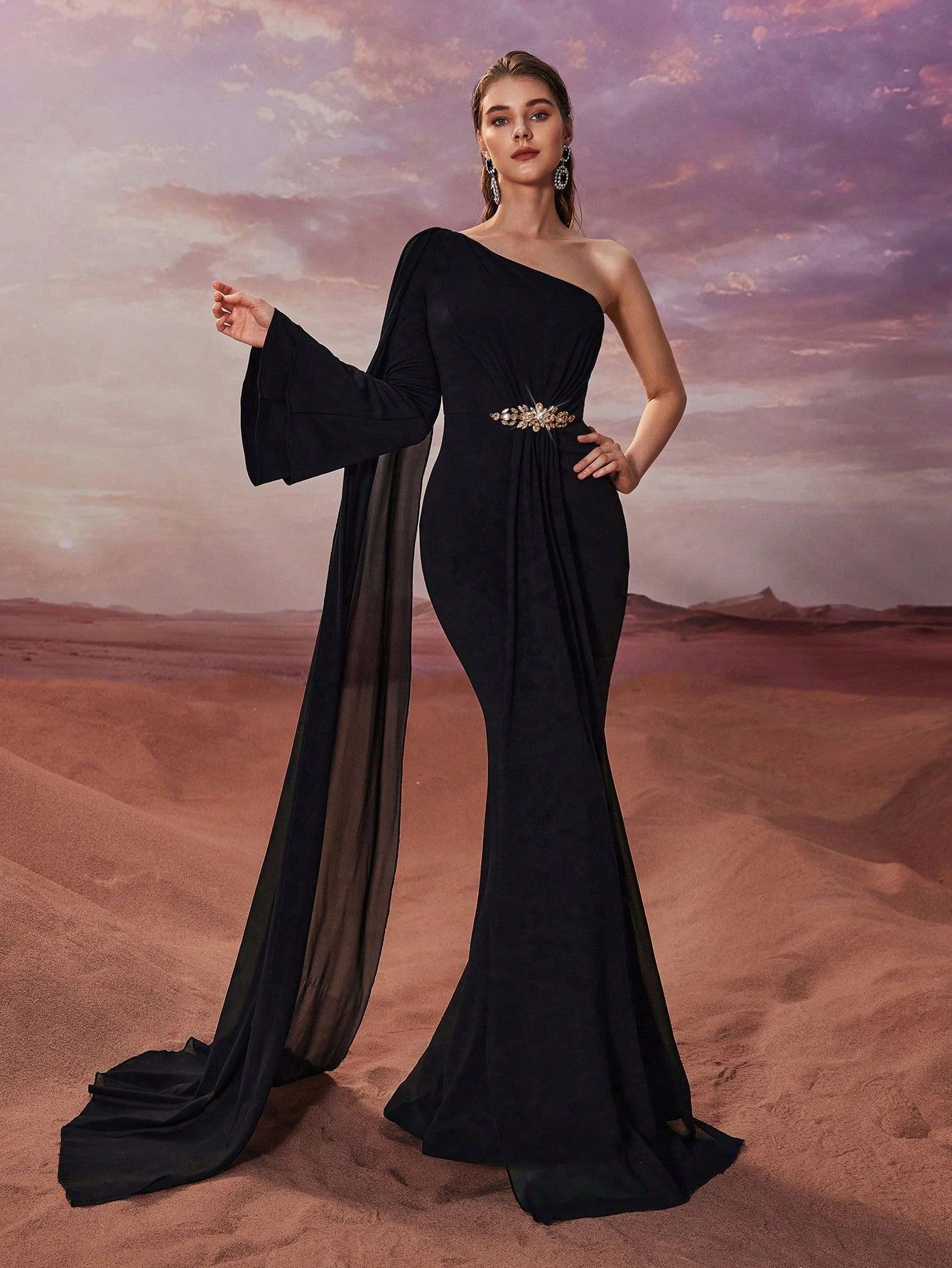 Vestidos de noche elegantes para mujer, con un hombro al descubierto, de gasa, manga larga, apliques, cola de pez