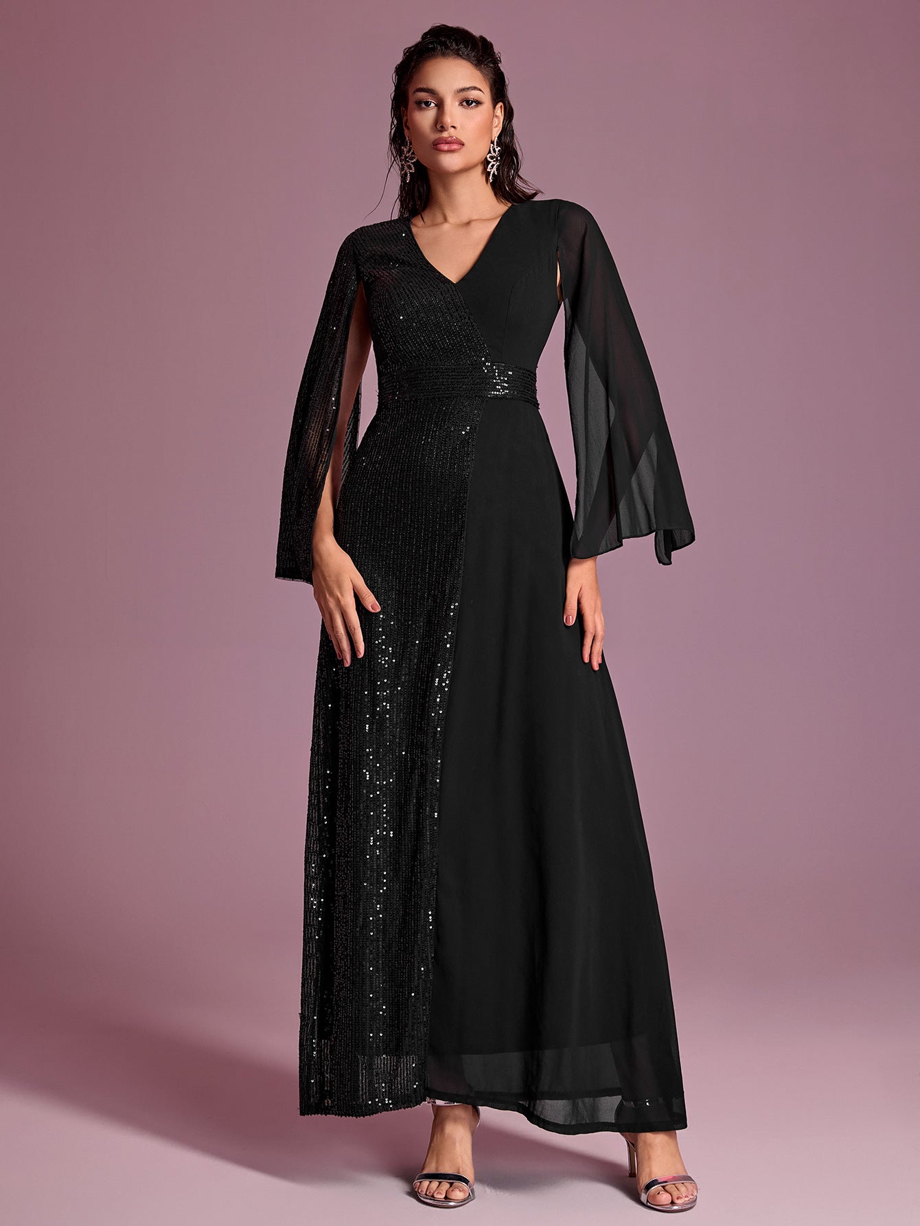 Vestido de noche de fiesta para mujer, con lentejuelas, escote en V, abertura y manga larga