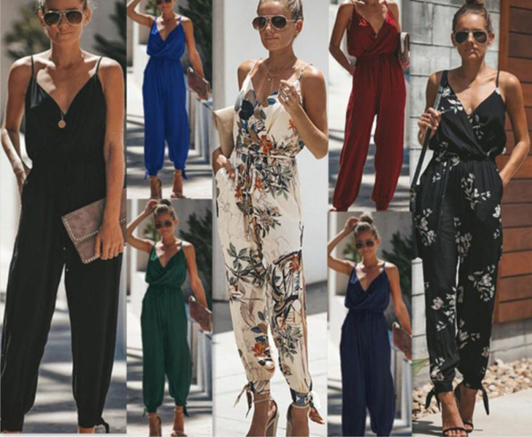 Mono de una pieza de algodón con abertura y tirantes finos, estampado, sin espalda y sexy, de verano para mujer