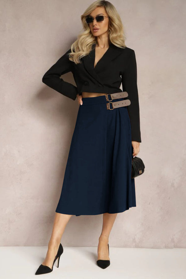 Falda de moda con costuras de cuero en color liso, elegante y artística, estilo retro para mujer.