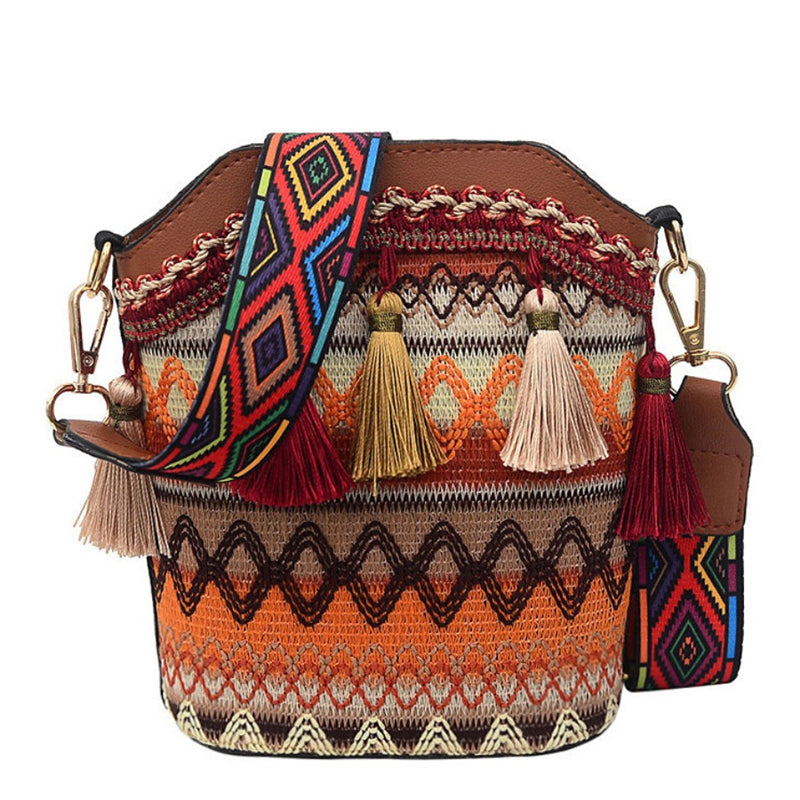Bolso bandolera informal de moda con diseño de borlas y estampado étnico de patchwork