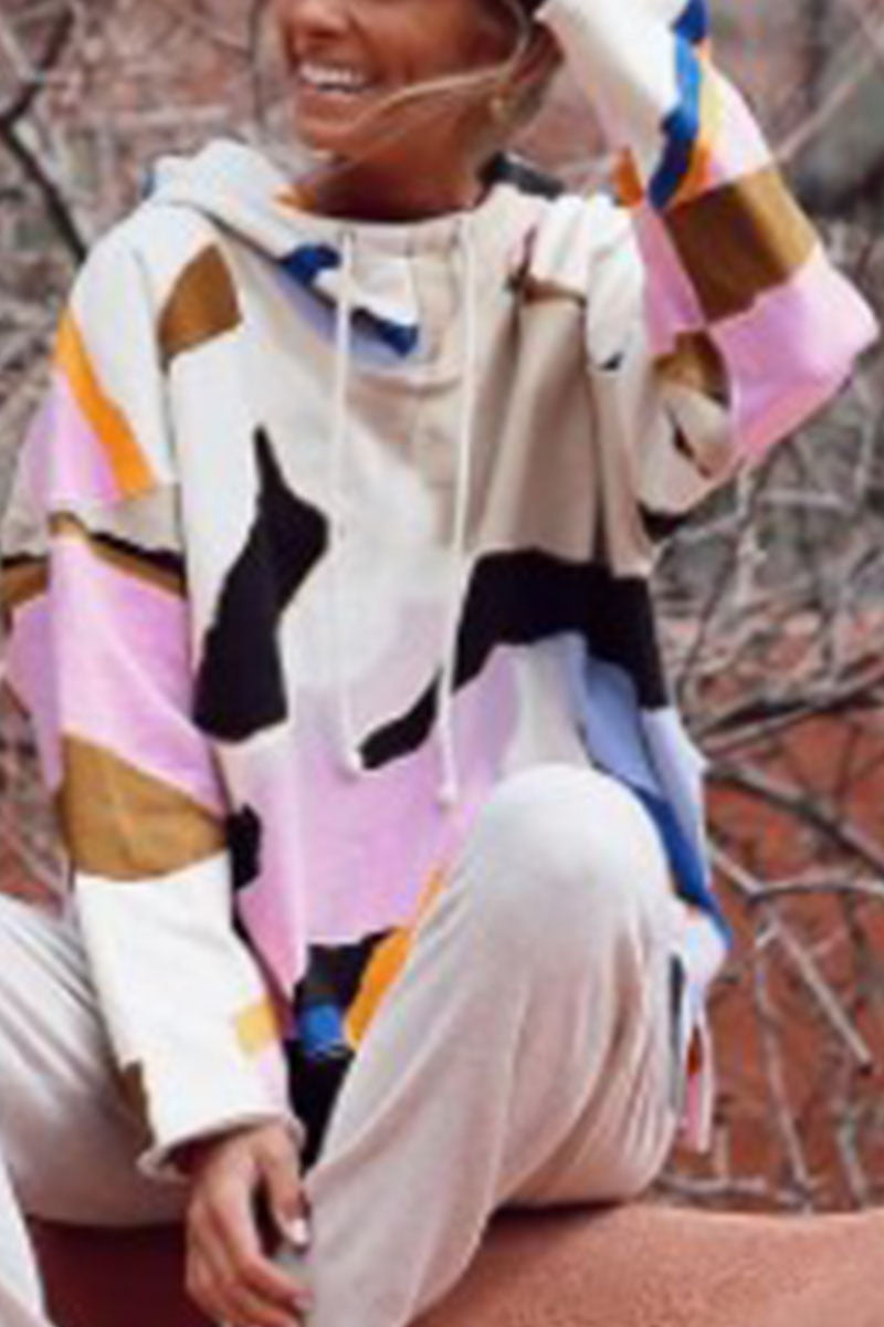 Tops con capucha y cuello de patchwork con estampado casual de moda