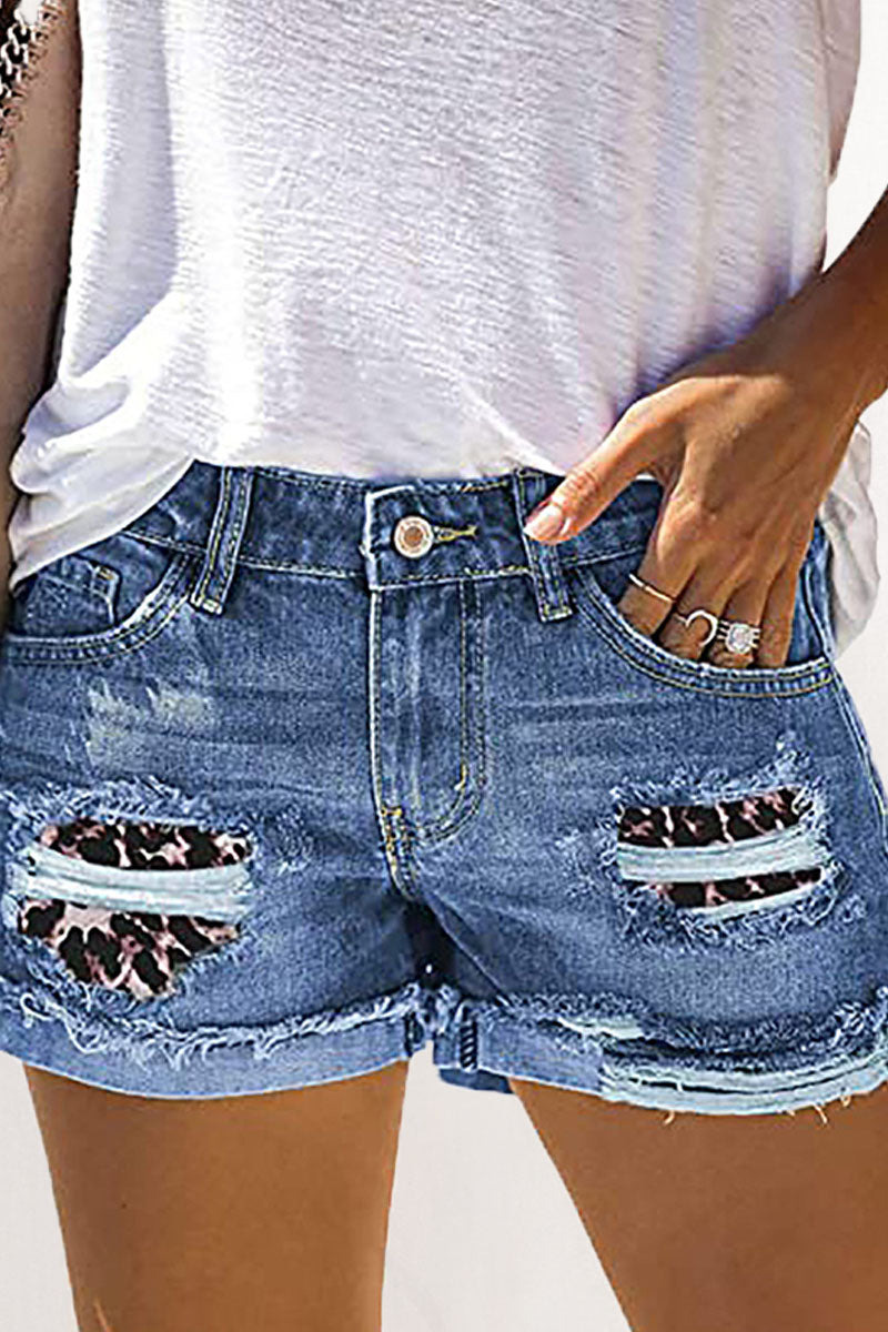 Pantalones cortos vaqueros rectos de cintura media con rotos y patchwork de moda urbana