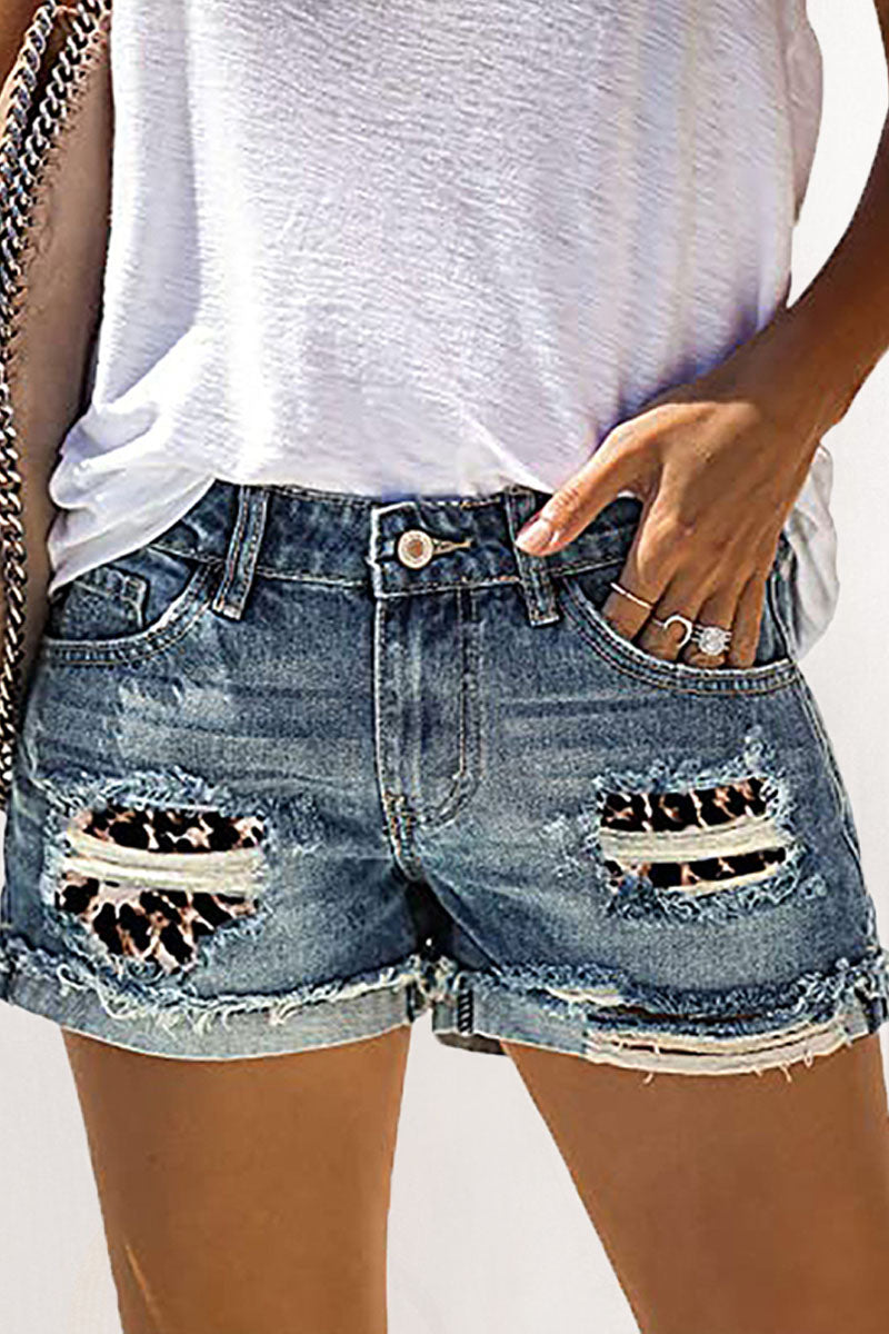 Pantalones cortos vaqueros rectos de cintura media con rotos y patchwork de moda urbana
