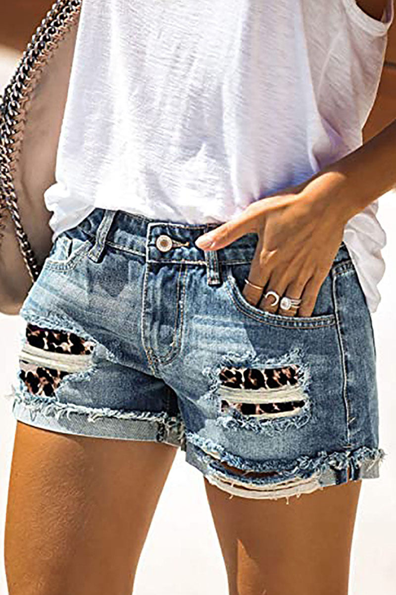 Pantalones cortos vaqueros rectos de cintura media con rotos y patchwork de moda urbana