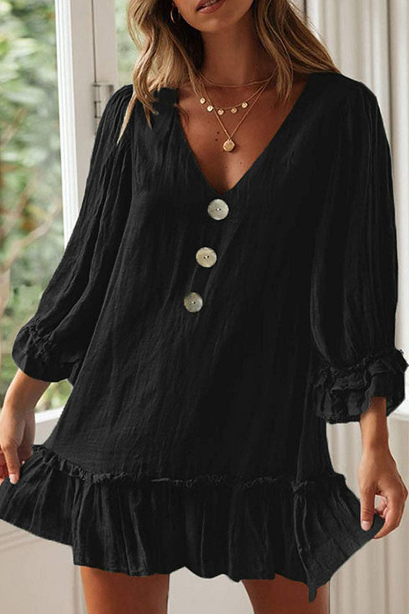 Vestidos de moda sencillos con cuello en V y patchwork liso (4 colores)