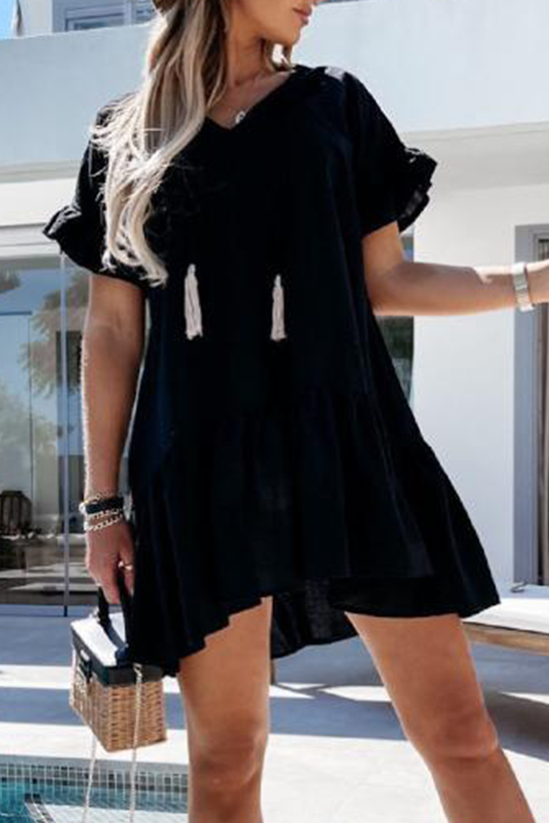 Vestidos de moda con cuello en V, volantes, borlas y patchwork (4 colores)