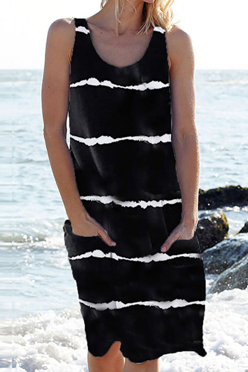 Vestidos casuales de moda con rayas y patchwork, cuello redondo y corte A