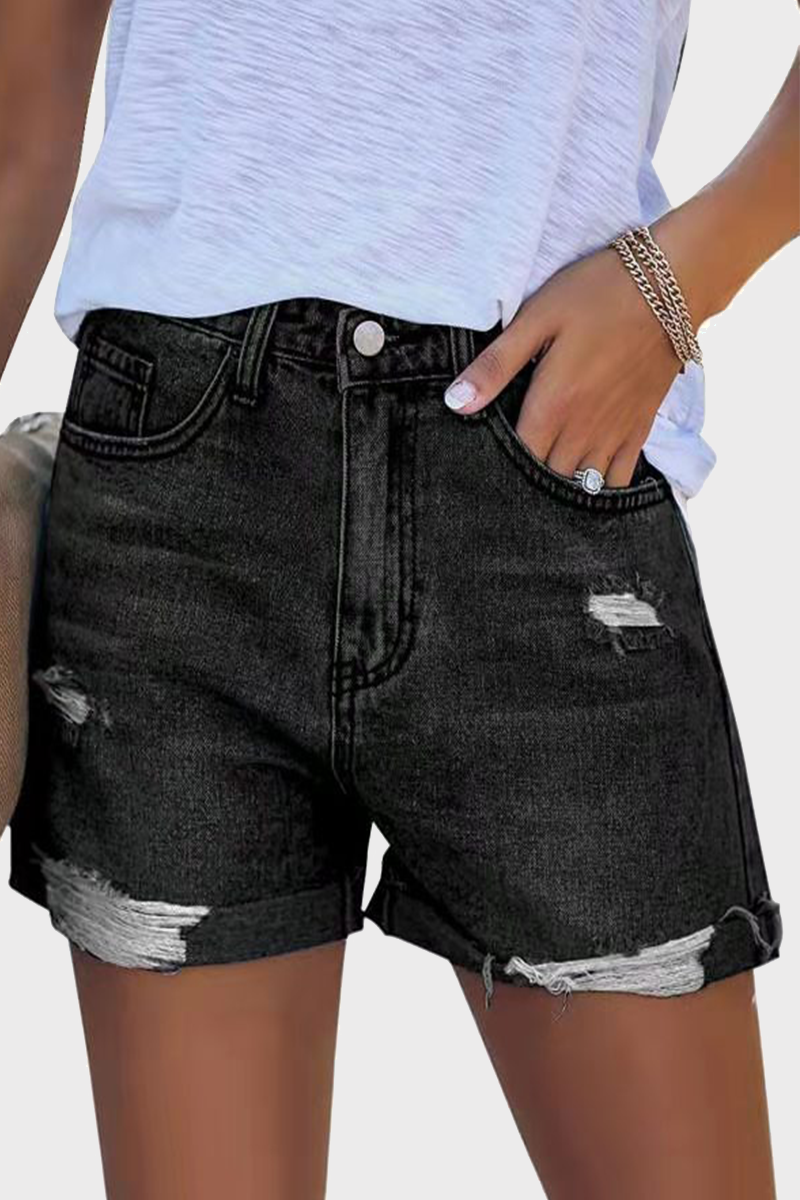 Shorts vaqueros rectos de cintura media con rotos y diseño urbano (3 colores)