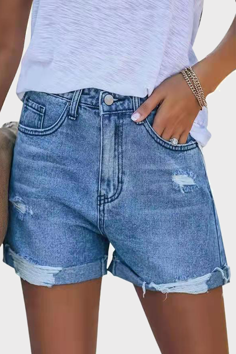 Shorts vaqueros rectos de cintura media con rotos y diseño urbano (3 colores)