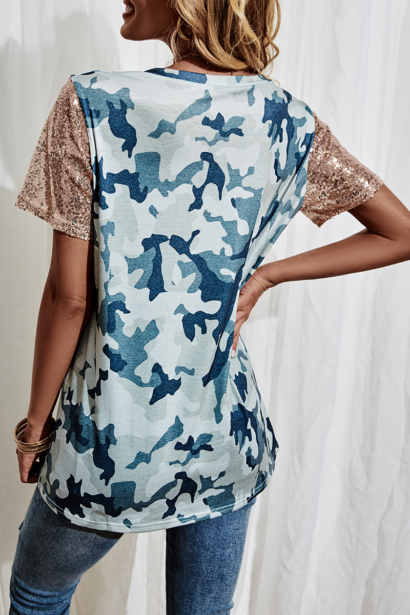 Fashion Casual Print Split Joint Sequins Asymmetrical Collar T-Shirts