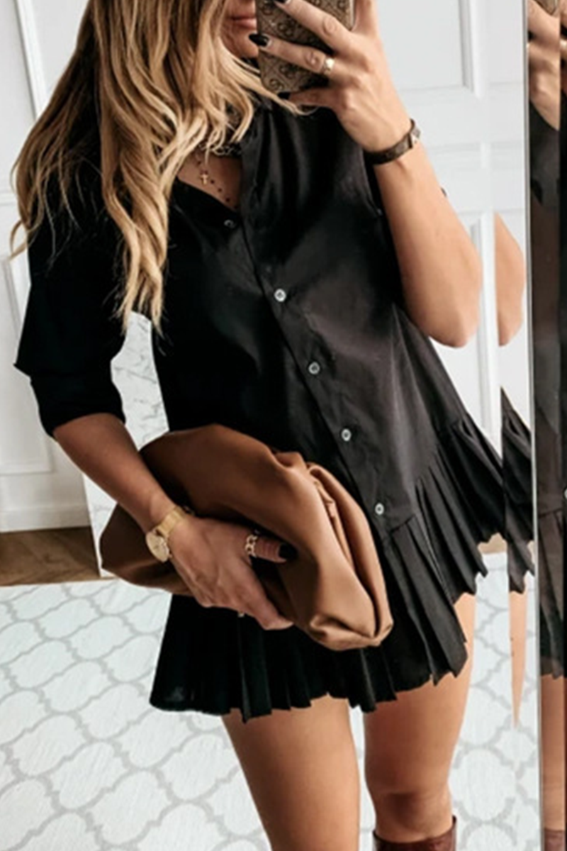 Vestidos casuales de retazos sólidos con cuello vuelto y falda pastel (3 colores)
