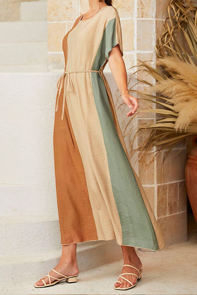 Casual Color Lump With Belt Contrast O Neck Dresses