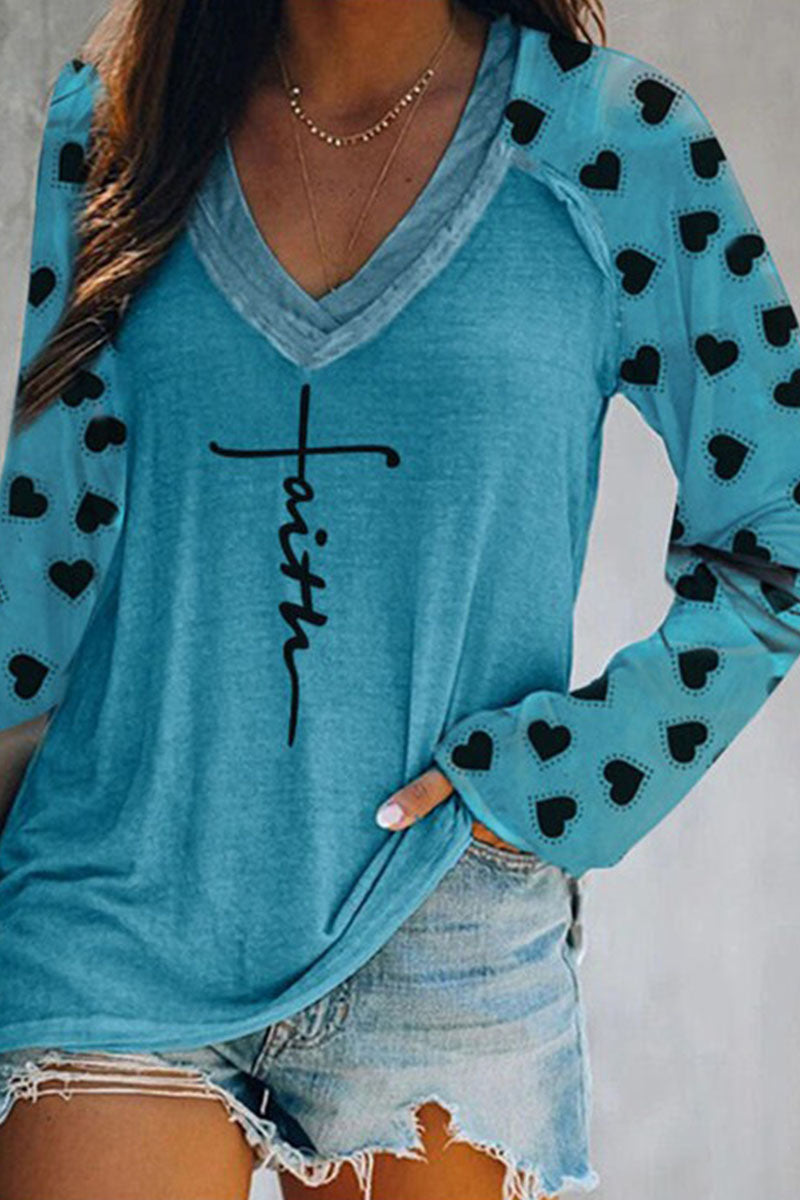 Casual Print Patchwork V Neck T-Shirts(4 Colors)