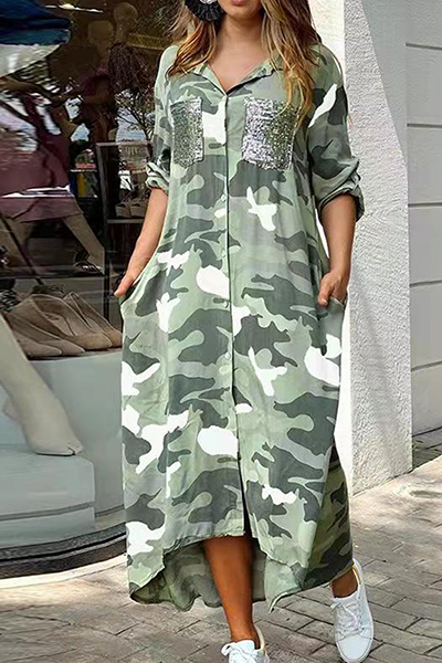 Vestido camisero informal con estampado de camuflaje, lentejuelas, hebilla y cuello vuelto