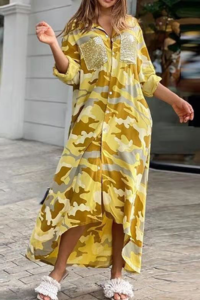 Vestido camisero informal con estampado de camuflaje, lentejuelas, hebilla y cuello vuelto