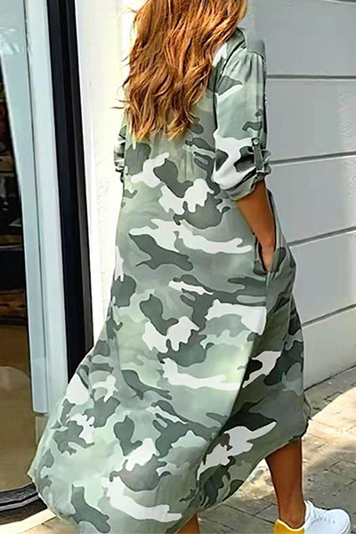 Vestido camisero informal con estampado de camuflaje, lentejuelas, hebilla y cuello vuelto