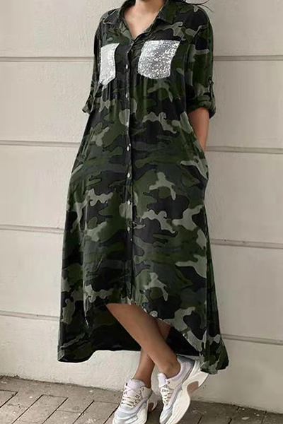 Vestido camisero informal con estampado de camuflaje, lentejuelas, hebilla y cuello vuelto