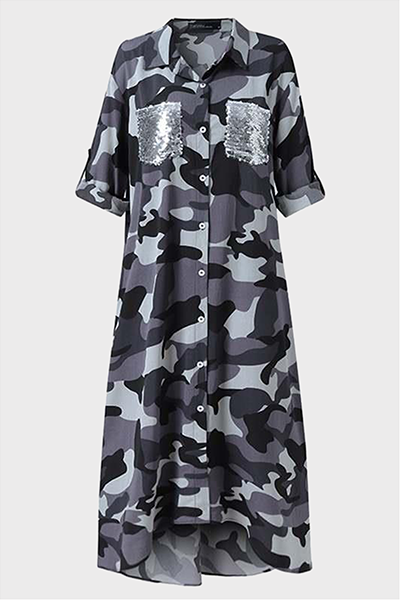 Vestido camisero informal con estampado de camuflaje, lentejuelas, hebilla y cuello vuelto