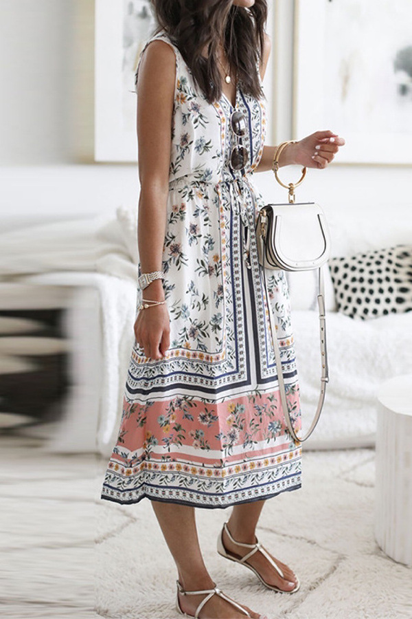 Vestidos casuales de corte A con cuello en V y frenillo con patchwork floral