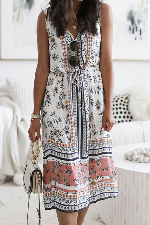Vestidos casuales de corte A con cuello en V y frenillo con patchwork floral