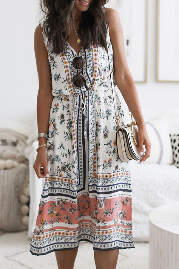 Vestidos casuales de corte A con cuello en V y frenillo con patchwork floral