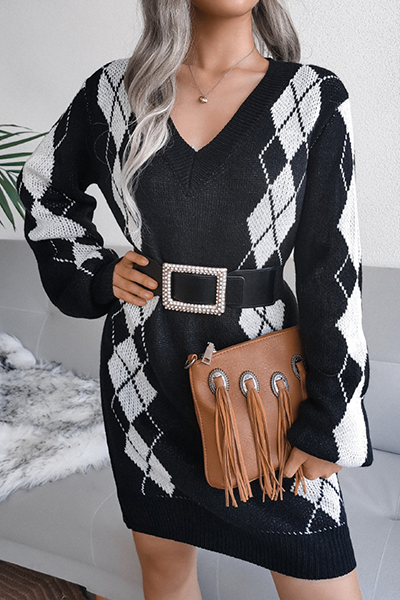 Casual Geometric Split Joint Contrast V Neck Dresses Sweater (Without Belt)