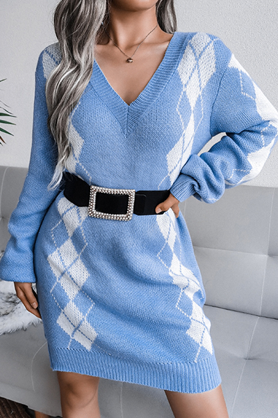 Casual Geometric Split Joint Contrast V Neck Dresses Sweater (Without Belt)